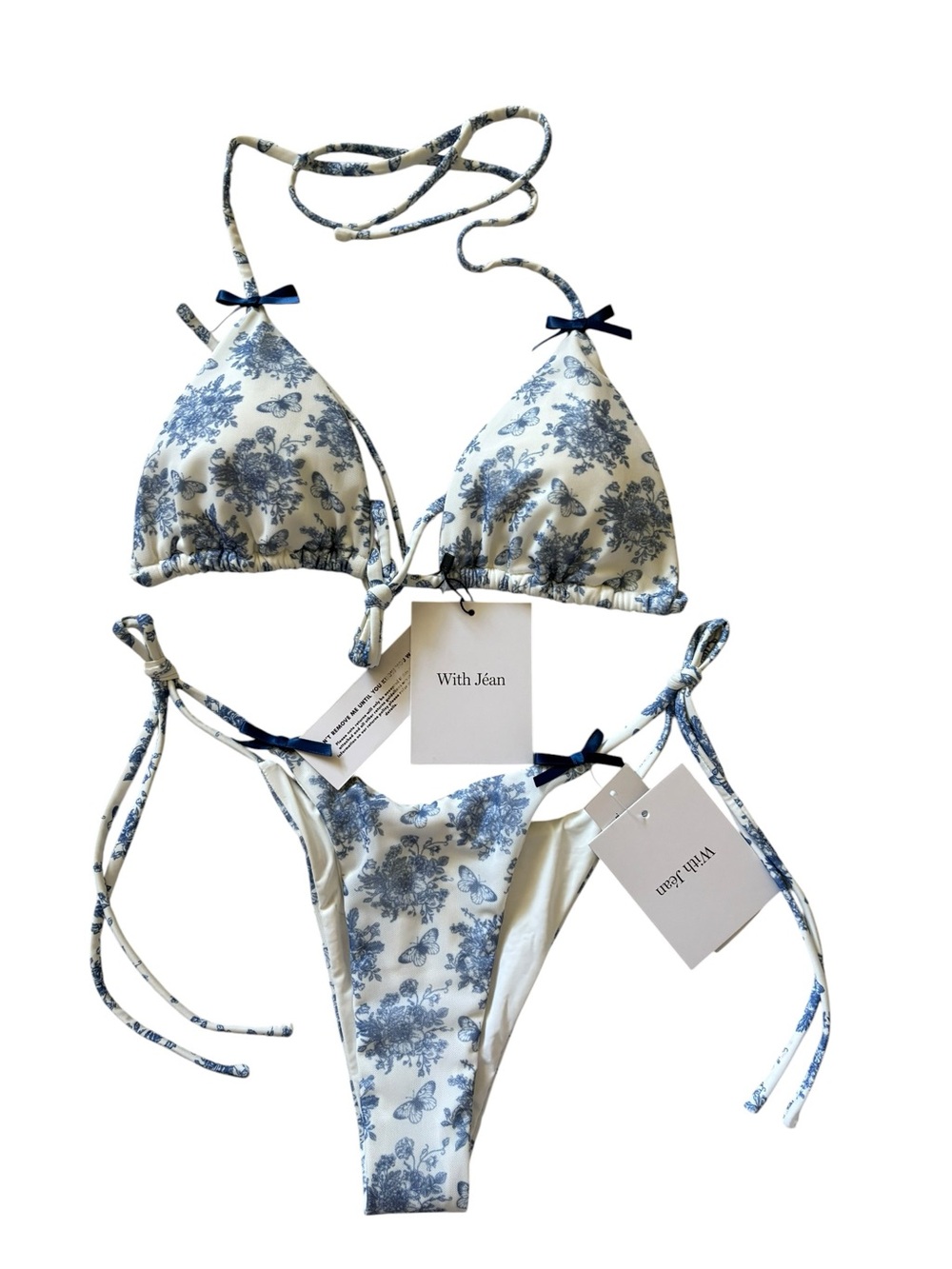With Jean Juni Bikini Set Toile Papillon Blue White Butterfly XL Top /XS Bottom